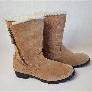 Youth Kids Sorel Emelie Foldover Boots Suede Zip Faux Fur Camel Brown Size 4